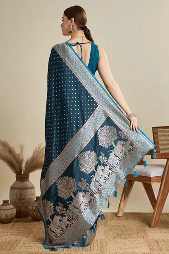 Teal woven satin saree with blouse piece