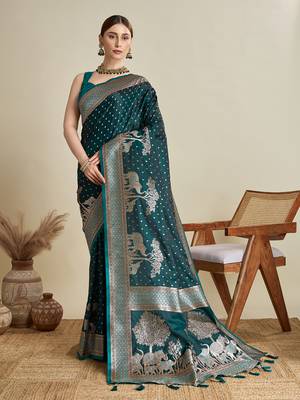 Teal woven satin saree with blouse piece 1