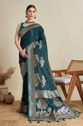 Teal woven satin saree with blouse piece