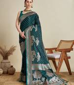 Teal woven satin saree with blouse piece