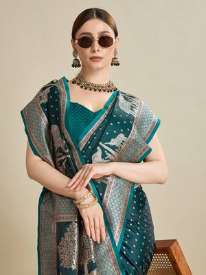 Teal woven satin saree with blouse piece 2