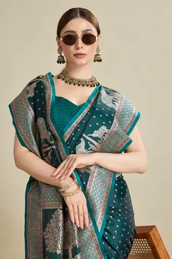 Teal woven satin saree with blouse piece