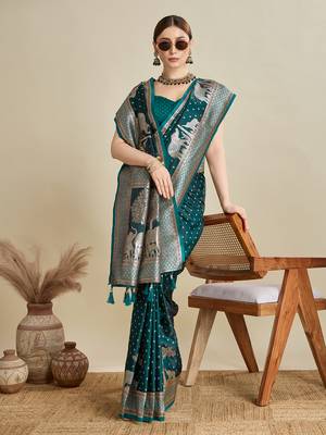 Teal woven satin saree with blouse piece 3
