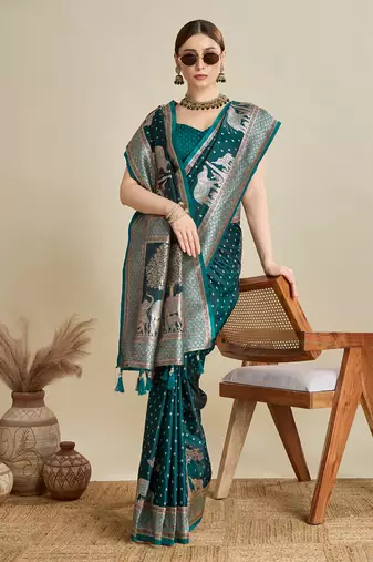 Teal woven satin saree with blouse piece