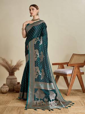 Teal woven satin saree with blouse piece 4