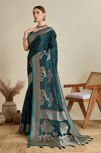 Teal woven satin saree with blouse piece