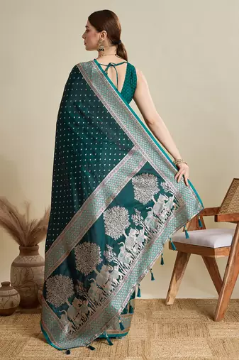 Teal woven satin saree with blouse piece