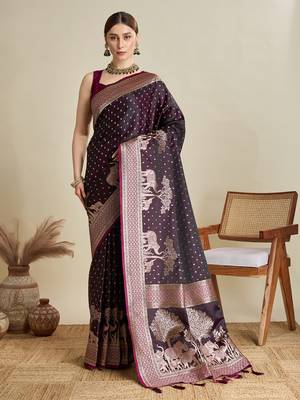 Wine woven satin saree with blouse piece 1