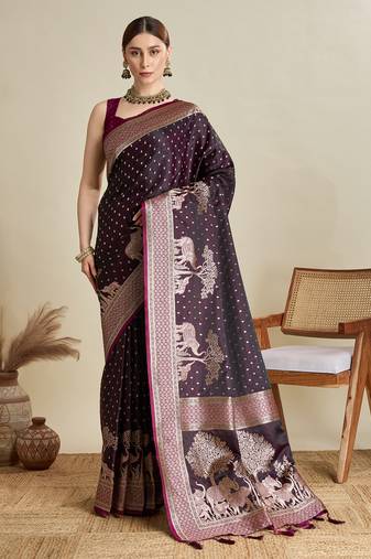 Wine woven satin saree with blouse piece