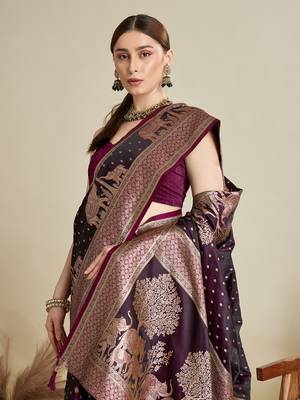 Wine woven satin saree with blouse piece 2