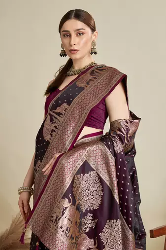 Wine woven satin saree with blouse piece