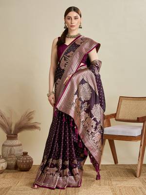 Wine woven satin saree with blouse piece 3