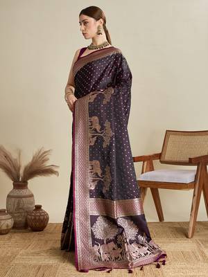 Wine woven satin saree with blouse piece 4