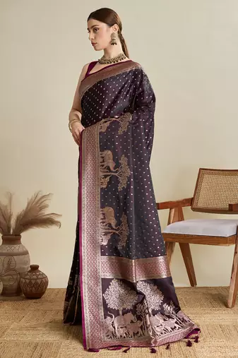 Wine woven satin saree with blouse piece