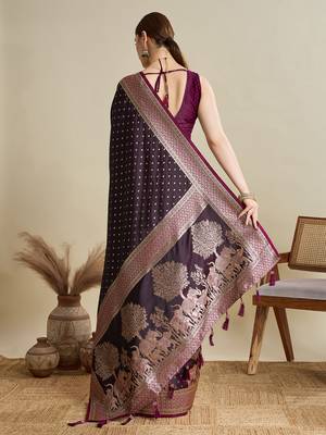 Wine woven satin saree with blouse piece 5