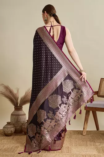 Wine woven satin saree with blouse piece