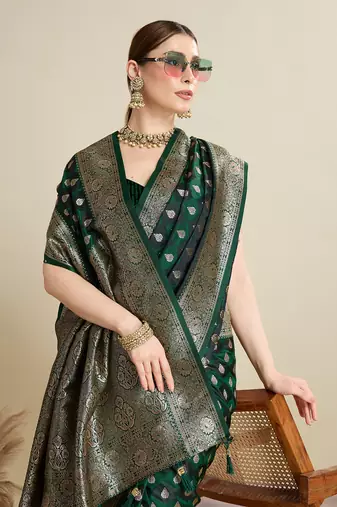 Green woven satin saree with blouse piece