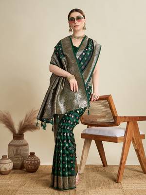 Green woven satin saree with blouse piece 3