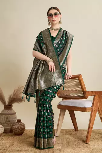 Green woven satin saree with blouse piece