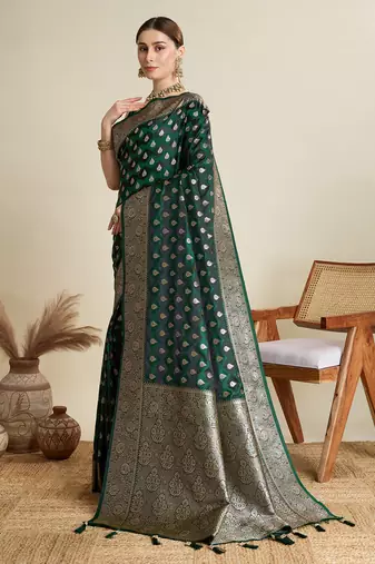 Green woven satin saree with blouse piece