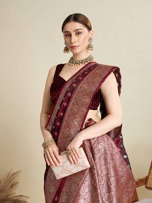 Maroon woven satin saree with blouse piece 2