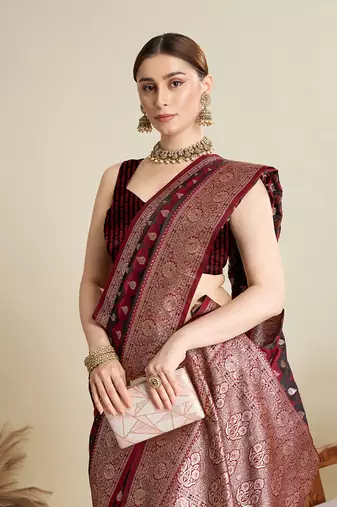 Maroon woven satin saree with blouse piece