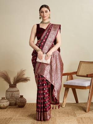 Maroon woven satin saree with blouse piece 3