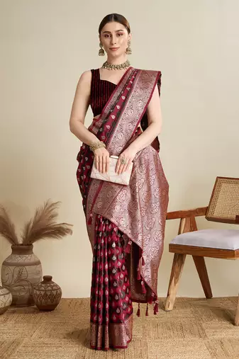 Maroon woven satin saree with blouse piece