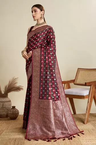 Maroon woven satin saree with blouse piece