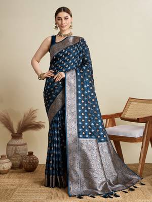Navy blue woven satin saree with blouse piece 1