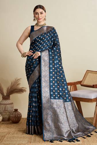 Navy blue woven satin saree with blouse piece