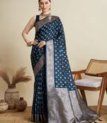 Navy blue woven satin saree with blouse piece