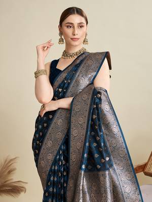 Navy blue woven satin saree with blouse piece 2