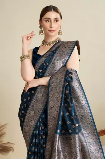 Navy blue woven satin saree with blouse piece