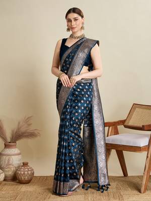 Navy blue woven satin saree with blouse piece 3