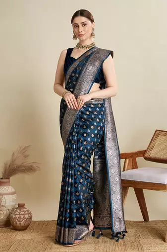 Navy blue woven satin saree with blouse piece