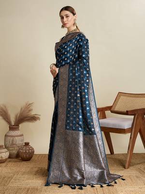 Navy blue woven satin saree with blouse piece 4