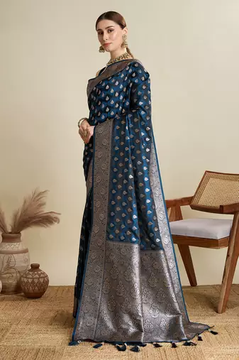 Navy blue woven satin saree with blouse piece