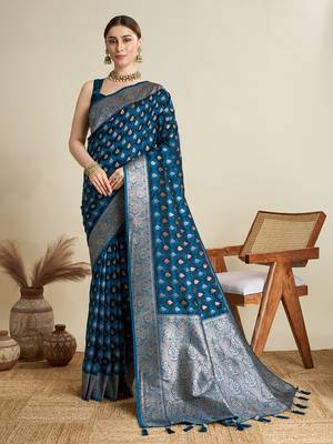 Teal woven satin saree with blouse piece 1