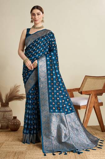 Teal woven satin saree with blouse piece
