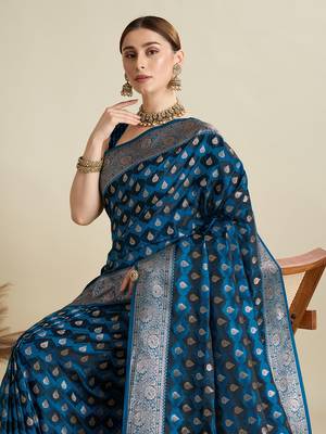 Teal woven satin saree with blouse piece 2