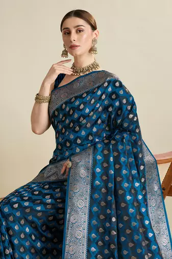 Teal woven satin saree with blouse piece