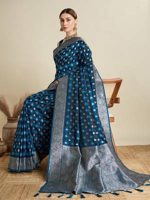 Teal woven satin saree with blouse piece 3