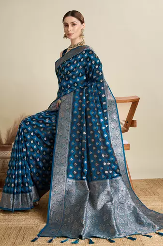 Teal woven satin saree with blouse piece