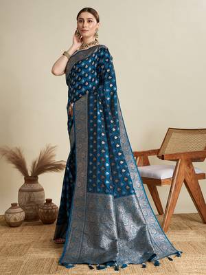 Teal woven satin saree with blouse piece 4