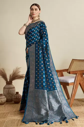 Teal woven satin saree with blouse piece