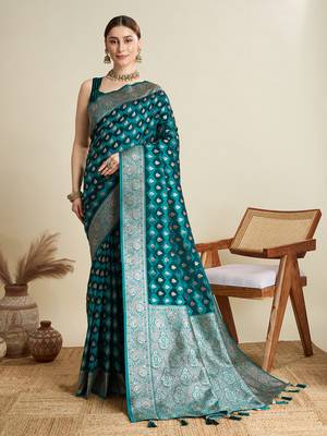 Teal woven satin saree with blouse piece 1