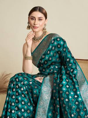 Teal woven satin saree with blouse piece 2