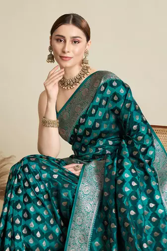 Teal woven satin saree with blouse piece