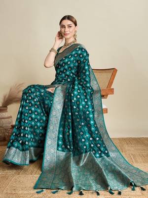 Teal woven satin saree with blouse piece 3